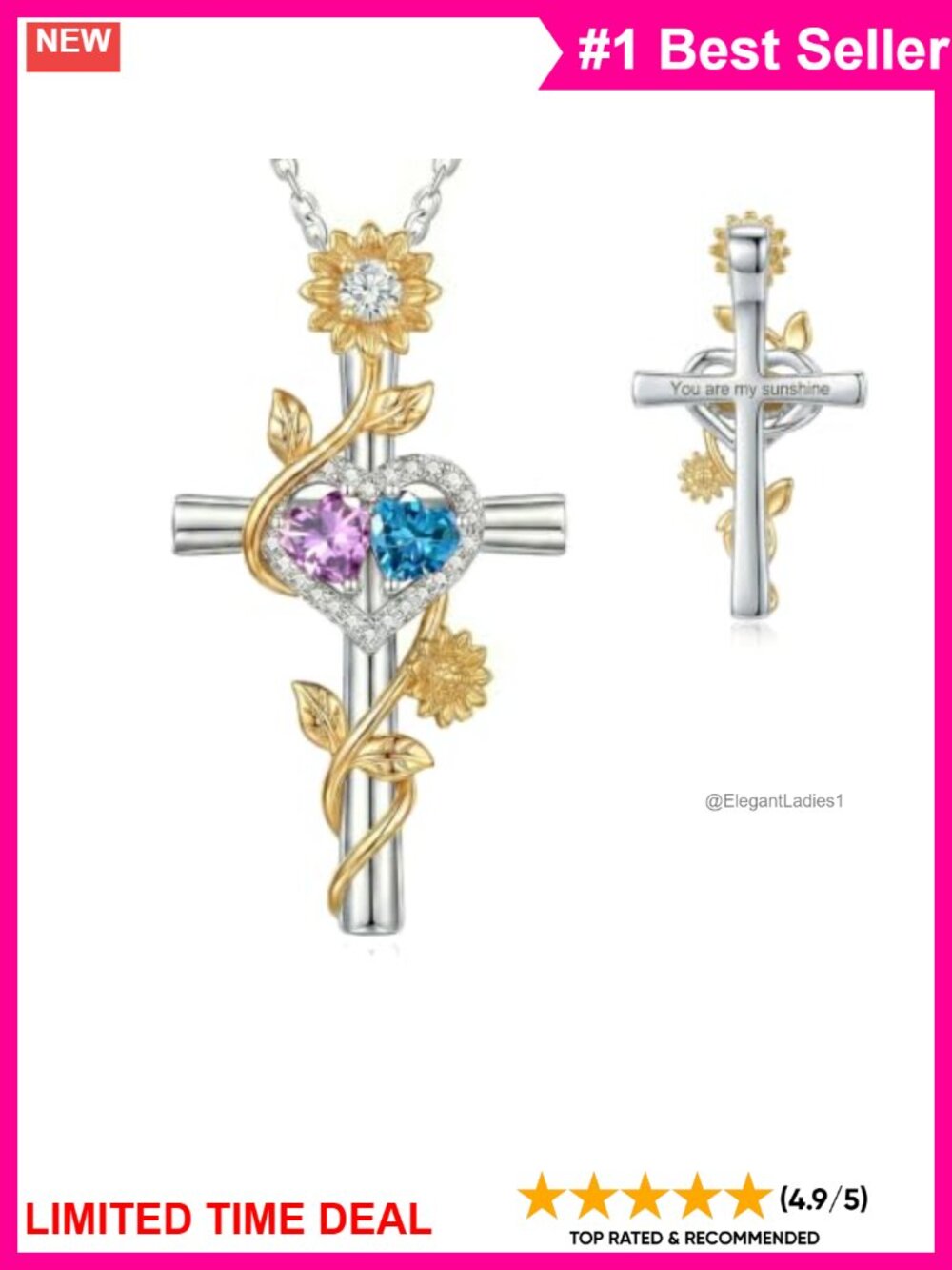 14k White Gold Plated Birthstone Cross Necklace Sunflower Pendant Women